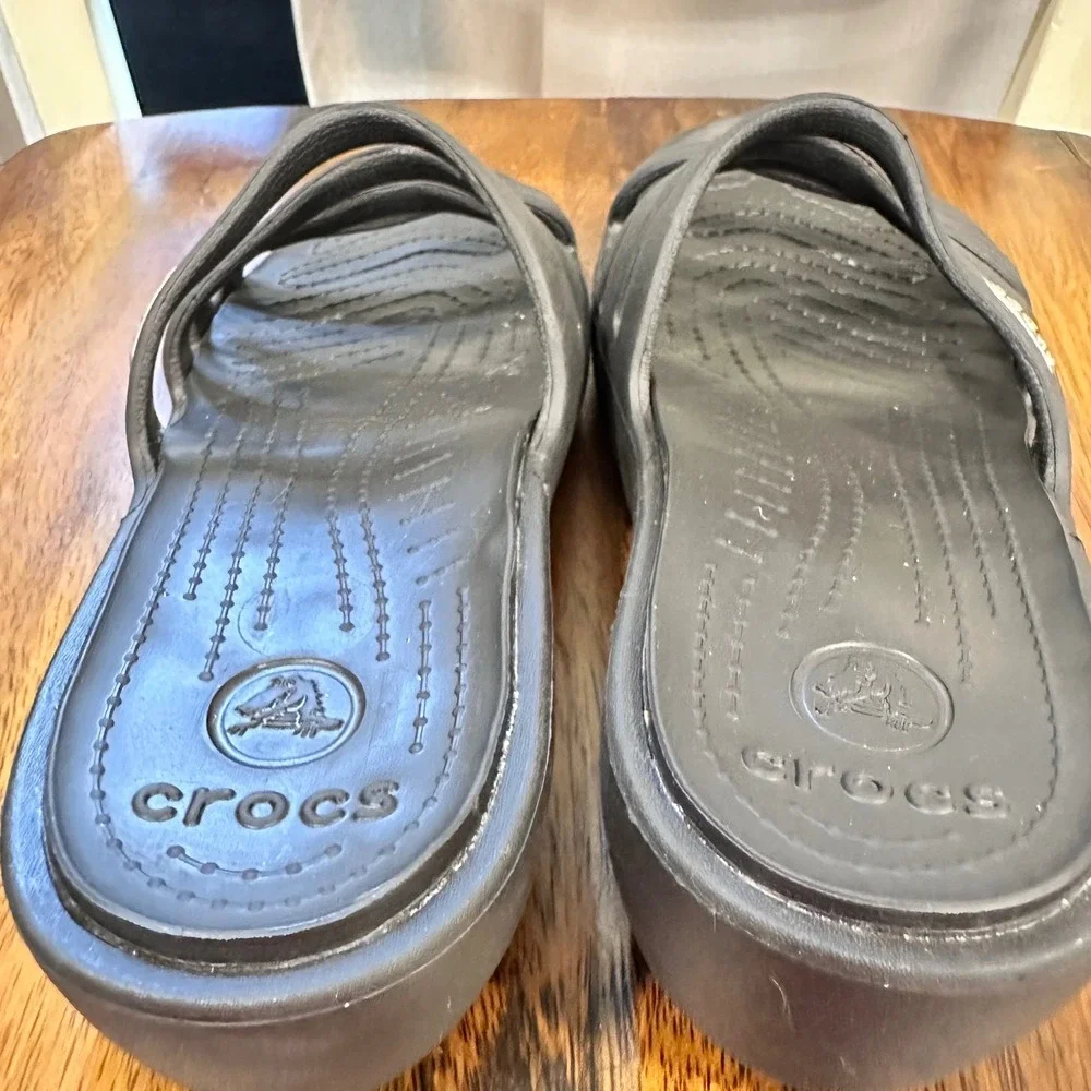 Crocs Wedge Sandals Women Size 8 Black Strappy Slide Comfort Casual Summer